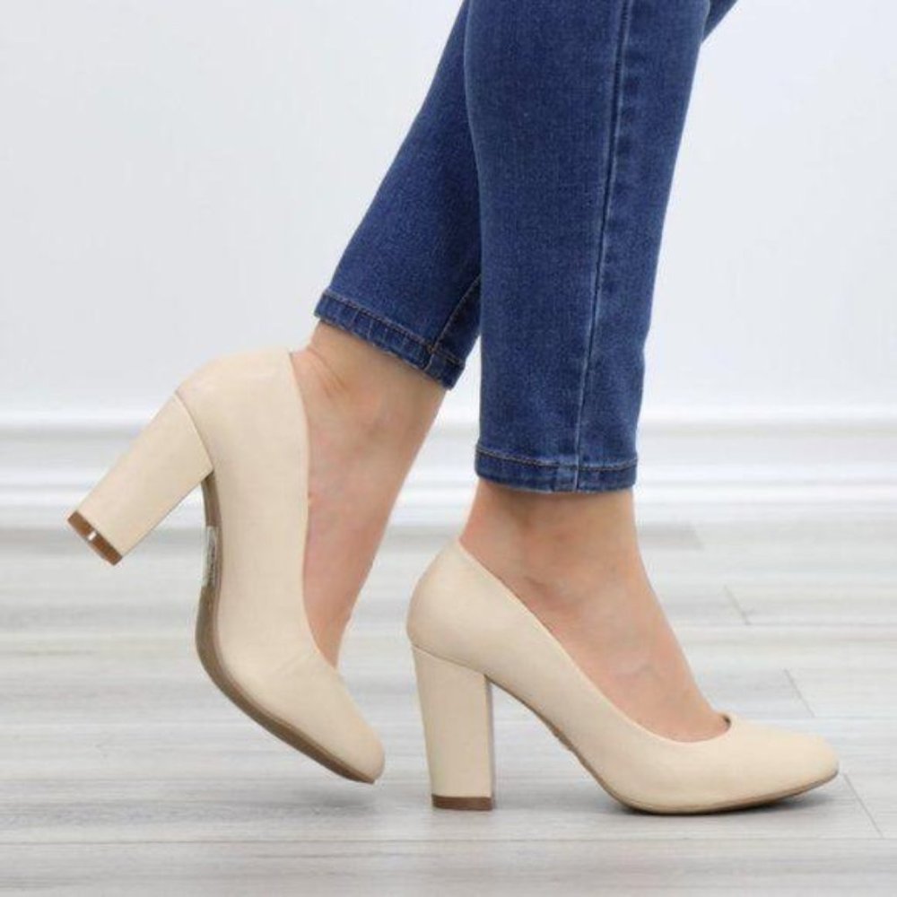 Beige Faux Leather Slip On Block High Heel Pumps